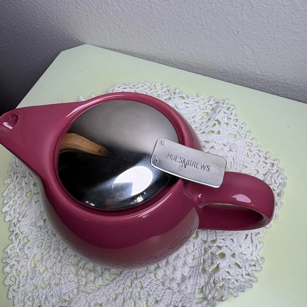 HuesNBrews Pink Personal Teapot Modern Minimalist Ceramic Stainless Steel